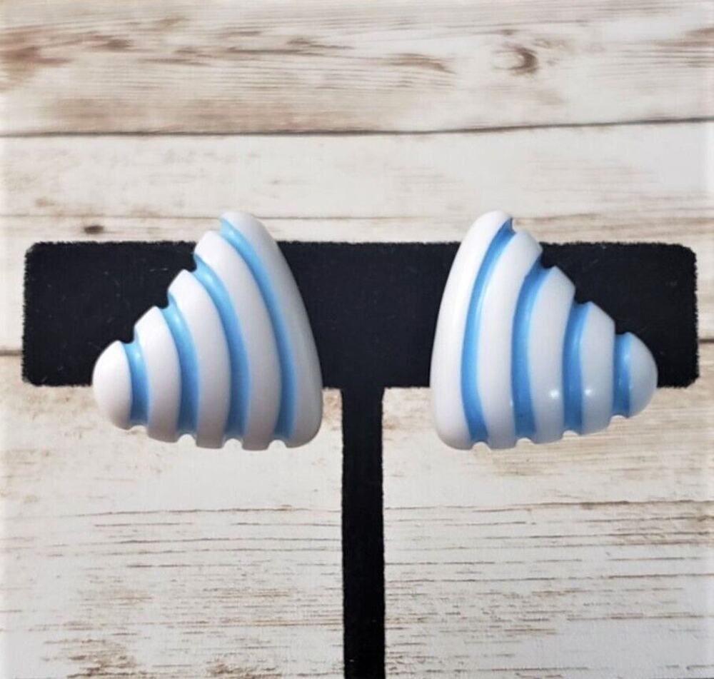 Vintage Clip On Earrings - Triangular Shape White & Blue Striped
